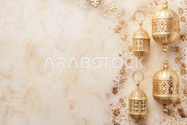 Luminous Ramadan lantern with a marble decorative background, decorations and decorations for the holy month, traditional Arab lights, celebrating the coming of the month of goodness, Islamic and Ramadan atmosphere