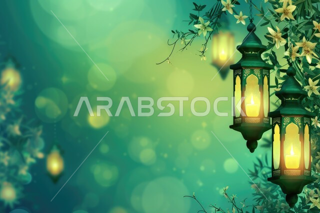 فانوس رمضان المبارك المضيء مع خلفية زخرفية باللون الأخضر، ديكورات وزينة الشهر الفضيل، أضواء عربية تقليدية، الاحتفال بقدوم شهر الخير، اجواء إسلامية ورمضانية