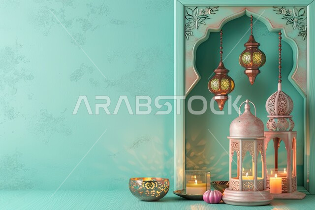 Luminous Ramadan lantern with a blue decorative background, decorations and decorations for the holy month, traditional Arab lights, celebrating the coming of the month of goodness, Islamic and Ramadan atmosphere