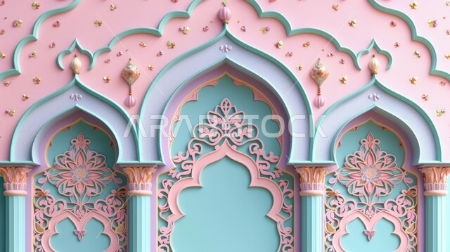 ديكورات وتصاميم اسلامية مزخرفة، مجسم ثري دي لباب و مدخل المسجد بقوس أزرق اللون,  إطار ثلاثي الأبعاد بزخارف دينية, اسلاميات وعبادة لله