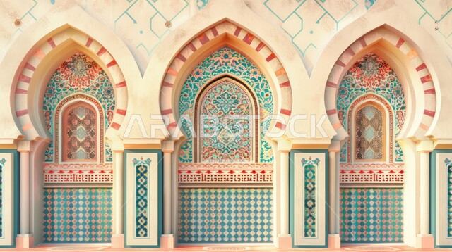 مجسم ثري دي لباب و مدخل المسجد بقوس بيج,  إطار ثلاثي الأبعاد بزخارف دينية و ارابيسك, اسلاميات وعبادة لله, ديكورات وتصاميم اسلامية مزخرفة