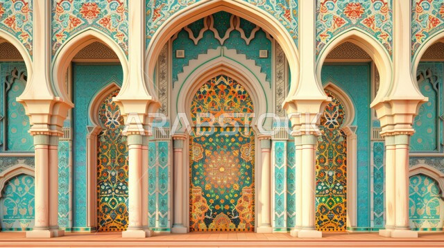  إطار ثلاثي الأبعاد بزخارف دينية و ارابيسك, اسلاميات وعبادة لله, مجسم ثري دي لباب و مدخل المسجد بقوس بيج, ديكورات وتصاميم اسلامية مزخرفة