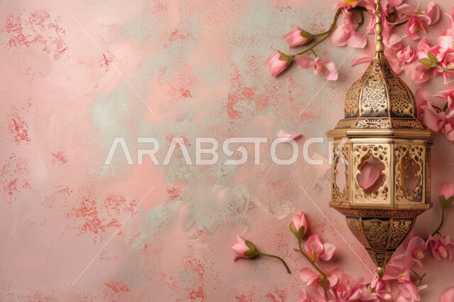 Islamic and Ramadan atmosphere, decorations and decorations for the holy month, illuminated holy Ramadan lantern with roses and a pink background, traditional Arab lights, celebrating the advent of the month of goodness.