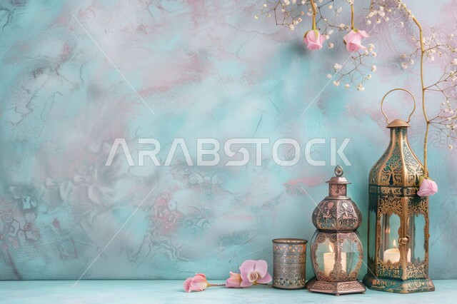 Celebrating the advent of the month of goodness, Islamic and Ramadan atmosphere, decorations and ornaments for the holy month, illuminated blessed Ramadan lantern with roses and a blue background, traditional Arabic lights.