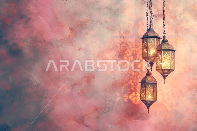 أضواء عربية تقليدية، الاحتفال بقدوم شهر الخير، اجواء إسلامية ورمضانية، ديكورات وزينة الشهر الفضيل، فانوس رمضان المبارك المضيء مع خلفية زخرفية