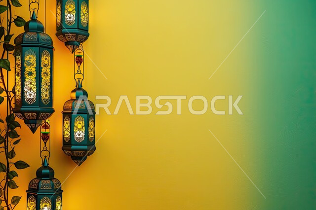 فانوس رمضان المبارك المضيء مع خلفية ملونة، ديكورات وزينة الشهر الفضيل، أضواء عربية تقليدية، الاحتفال بقدوم شهر الخير، اجواء إسلامية ورمضانية