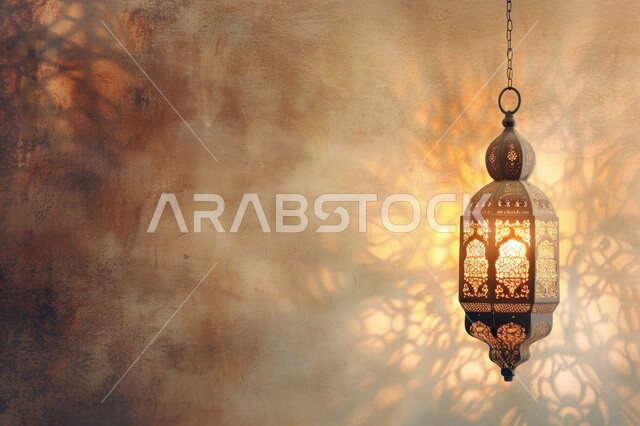 Celebrating the advent of the month of goodness, Islamic and Ramadan atmosphere, decorations and decorations for the holy month, illuminated holy Ramadan lantern with a brown decorative background, traditional Arabic lights
