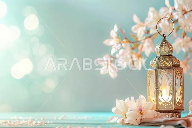 اجواء إسلامية ورمضانية، ديكورات وزينة الشهر الفضيل، فانوس رمضان المبارك المضيء مع الورود والخلفية الزرقاء، أضواء عربية تقليدية، الاحتفال بقدوم شهر الخير