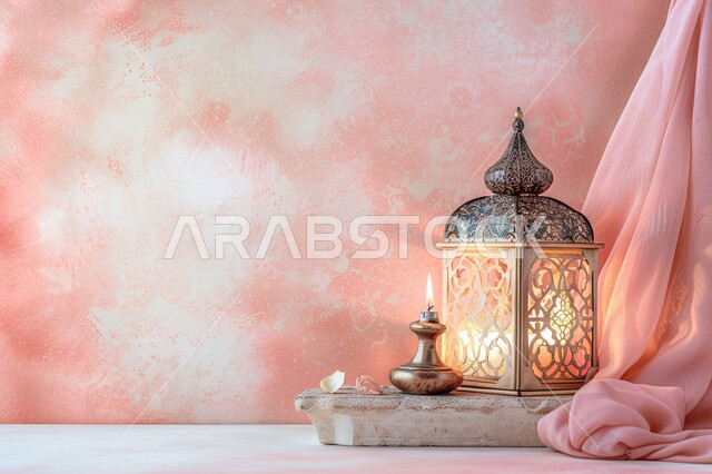 ديكورات وزينة الشهر الفضيل، أضواء عربية تقليدية، الاحتفال بقدوم شهر الخير، اجواء إسلامية ورمضانية، فانوس رمضان المبارك المضيء مع خلفية وردية