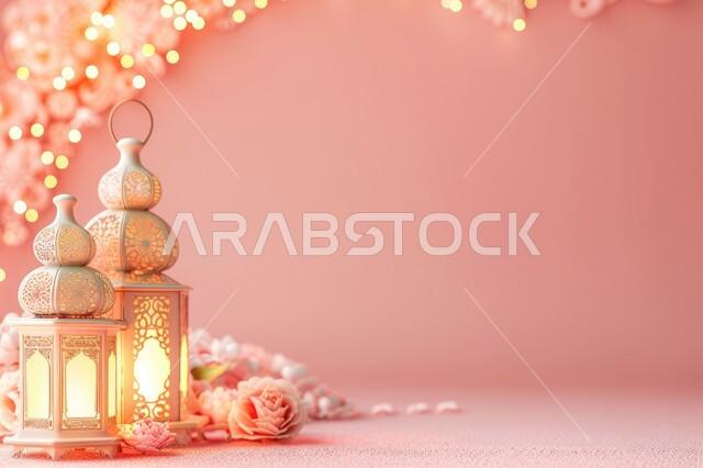 Traditional Arab lights, celebrating the coming of the month of goodness, Islamic and Ramadan atmosphere, decorations and decorations for the holy month, illuminated holy Ramadan lantern with a pink background