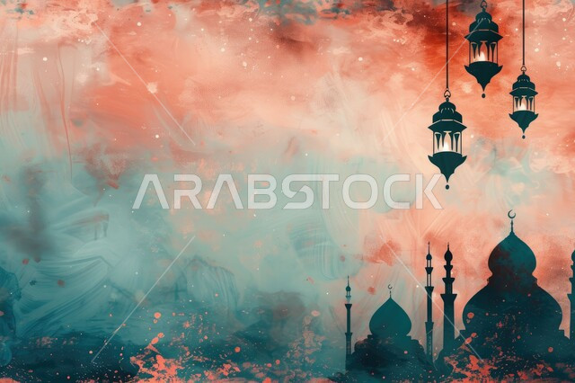 أضواء عربية تقليدية، الاحتفال بقدوم شهر الخير، اجواء إسلامية ورمضانية، ديكورات وزينة الشهر الفضيل، فانوس رمضان المبارك المضيء مع خلفية زخرفية ظلالية لمسجد