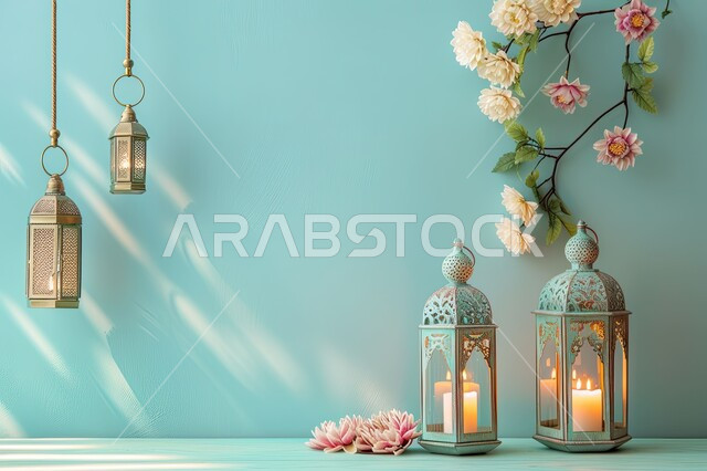 ديكورات وزينة الشهر الفضيل، فانوس رمضان المبارك المضيء مع الورود والخلفية الزرقاء، أضواء عربية تقليدية، الاحتفال بقدوم شهر الخير، اجواء إسلامية ورمضانية