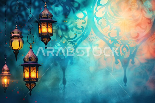 فانوس رمضان المبارك المضيء مع خلفية زخرفية ملونة، ديكورات وزينة الشهر الفضيل، أضواء عربية تقليدية، الاحتفال بقدوم شهر الخير، اجواء إسلامية ورمضانية