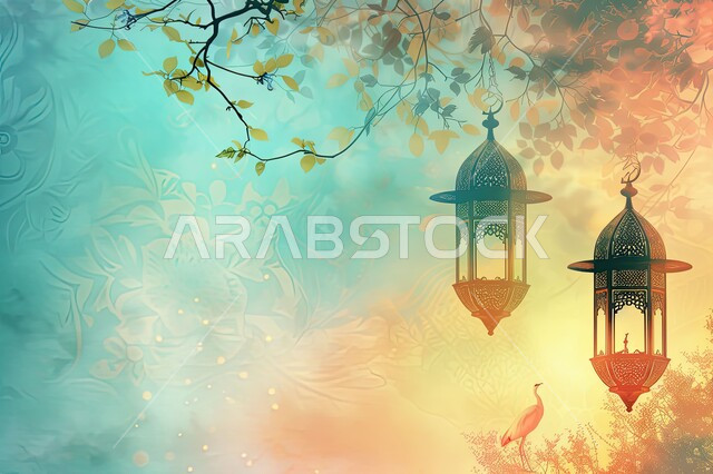 فانوس رمضان المبارك المضيء مع خلفية زخرفية، ديكورات وزينة الشهر الفضيل، أضواء عربية تقليدية، الاحتفال بقدوم شهر الخير، اجواء إسلامية ورمضانية