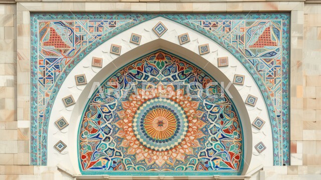  إطار ثلاثي الأبعاد بزخارف دينية و ارابيسك, اسلاميات وعبادة لله, مجسم ثري دي لباب و مدخل المسجد بقوس بيج, ديكورات وتصاميم اسلامية مزخرفة