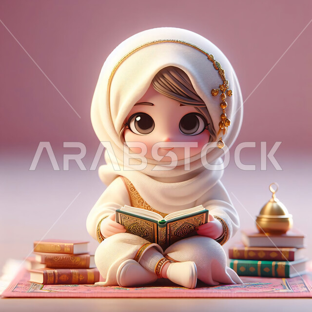 العبادة والتقرب من الله، الاكثار من الطاعات في شهر رمضان المبارك، تلاوة وقراءة القرآن الكريم، رسوم توضيحية ثلاثية الأبعاد لفتاة صغيرة عربية خليجية سعودية مبتسمة ترتدي الحجاب تجلس على سجادة الصلاة تحمل بيدها المصحف الشريف، خلفية وردية