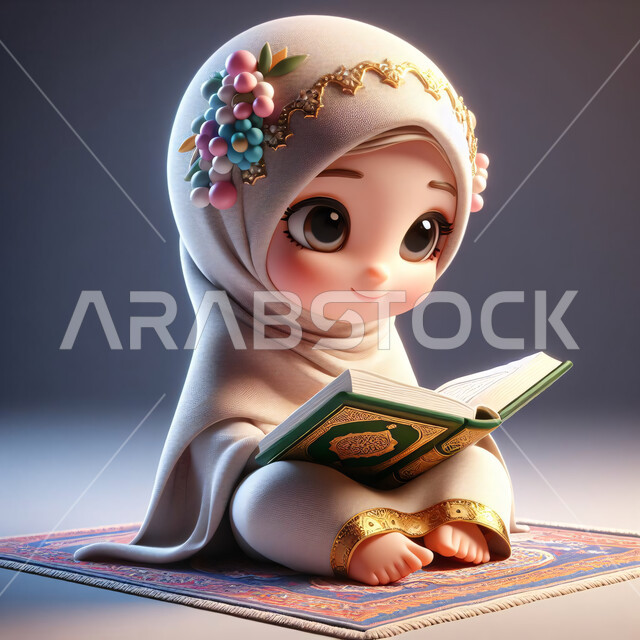 الاكثار من الطاعات في شهر رمضان المبارك، تلاوة وقراءة القرآن الكريم، رسوم توضيحية ثلاثية الأبعاد لفتاة صغيرة عربية خليجية سعودية مبتسمة ترتدي الحجاب تجلس على سجادة الصلاة تحمل بيدها المصحف الشريف، العبادة والتقرب من الله، خلفية رمادية