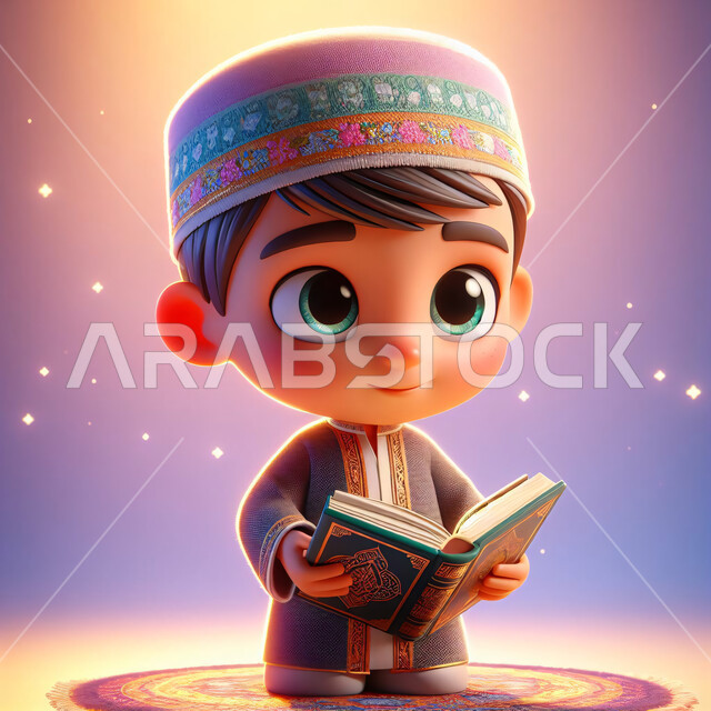 رسوم توضيحية ثلاثية الأبعاد لولد عربي خليجي سعودي مبتسم يرتدي زي اسلامي تقليدي يحمل بيده المصحف الشريف، قراءة وتلاوة القرآن الكريم، الاجتهاد في الطاعات والعبادات في شهر رمضان المبارك، اسلاميات وعبادة، خلفية ملونة