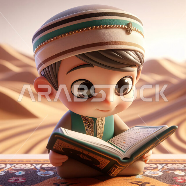 الاجتهاد في الطاعات والعبادات في شهر رمضان المبارك، اسلاميات وعبادة، رسوم توضيحية ثلاثية الأبعاد لولد عربي خليجي سعودي مبتسم يرتدي زي اسلامي تقليدي يجلس على السجادة يحمل بيده المصحف الشريف، قراءة وتلاوة القرآن الكريم، خلفية الطبيعة الصحراوية