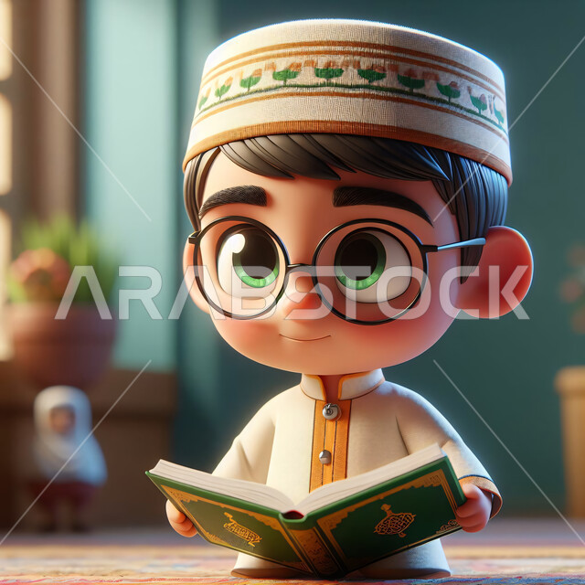 قراءة وتلاوة القرآن الكريم، الاجتهاد في الطاعات والعبادات في شهر رمضان المبارك، اسلاميات وعبادة، رسوم توضيحية ثلاثية الأبعاد لولد عربي خليجي سعودي مبتسم يرتدي نظارات طبية وزي اسلامي تقليدي يجلس على السجادة يحمل بيده المصحف الشريف
