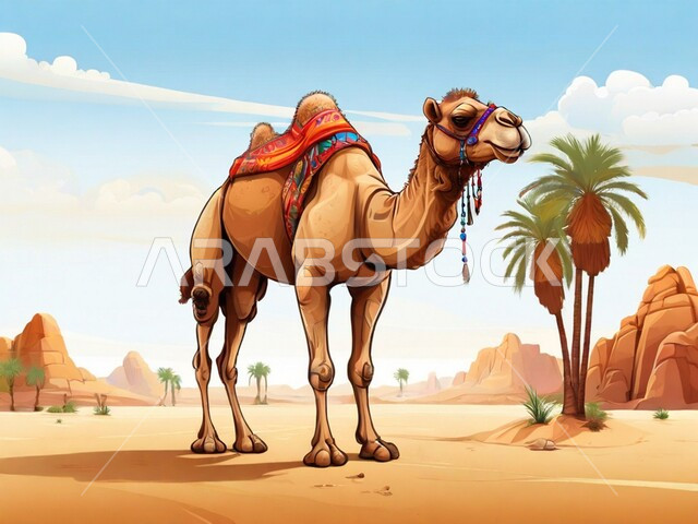 Camels in the desert, ancient means of transportation, palm trees surrounding Saudi places, rock formations and formations in desert areas, care and breeding of camels in wild natural reserves