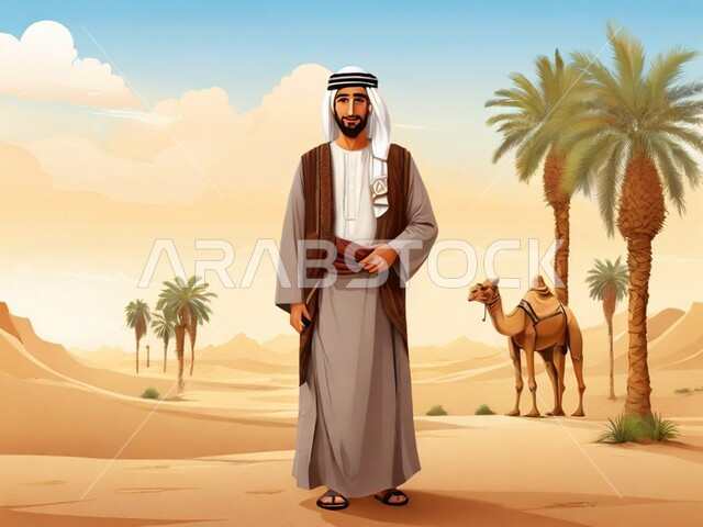 وسائل نقل قديمة, أشجار النخيل المحيطة بالأماكن السعودية, رجل عربي خليجي سعودي يرتدي الزي التقليدي ينظر إلى الكاميرا, التكوينات والتشكيلات الرملية في المناطق الصحراوية, رعاية وتربية النوق في المحميات الطبيعية البرية