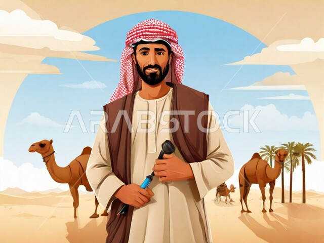 التكوينات والتشكيلات الرملية في المناطق الصحراوية, وسائل نقل قديمة, أشجار النخيل المحيطة بالأماكن السعودية, صورة مقربة لرجل عربي خليجي سعودي يرتدي الزي التقليدي ينظر إلى الكاميرا, رعاية وتربية النوق في المحميات الطبيعية البرية