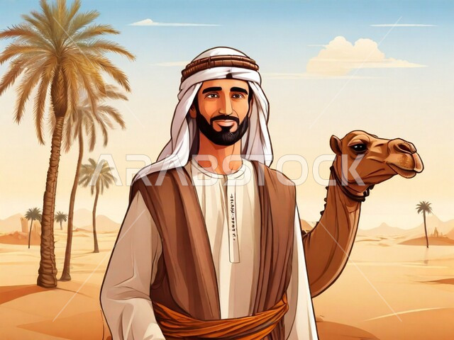 التكوينات والتشكيلات الرملية في المناطق الصحراوية, وسائل نقل قديمة, أشجار النخيل المحيطة بالأماكن السعودية, صورة مقربة لرجل عربي خليجي سعودي يرتدي الزي التقليدي ينظر إلى الكاميرا, رعاية وتربية النوق في المحميات الطبيعية البرية