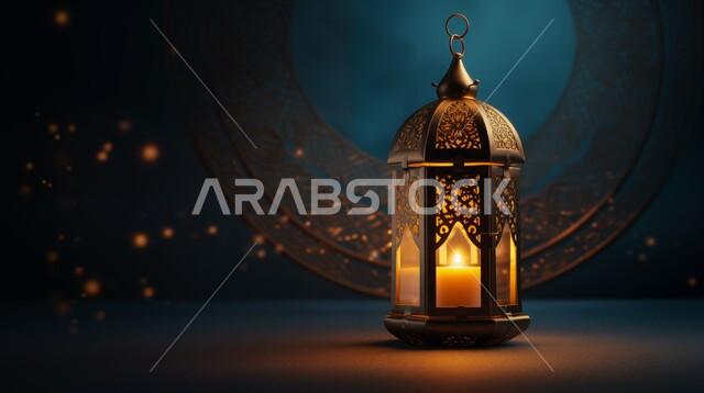فوانيس وتحف تقليدية للاحتفال بقدوم شهر رمضان المبارك، أجواء رمضانية وروحانية إسلامية، فانوس عربي معدني مزخرف مضيء، زينة الاعياد والمناسبات الدينية