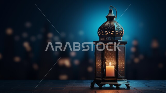فانوس عربي معدني مزخرف مضيء، زينة الاعياد والمناسبات الدينية، فوانيس وتحف تقليدية للاحتفال بقدوم شهر رمضان المبارك، أجواء رمضانية وروحانية إسلامية
