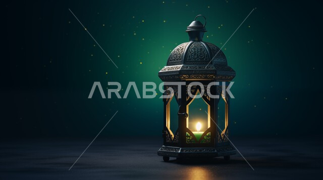 أجواء رمضانية وروحانية إسلامية، فانوس عربي معدني مزخرف مضيء، زينة الاعياد والمناسبات الدينية، فوانيس وتحف تقليدية للاحتفال بقدوم شهر رمضان المبارك