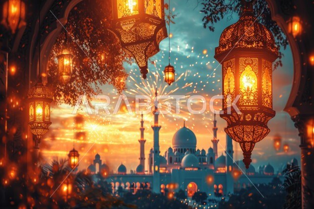 External designs and decorations for mosques in the Kingdom of Saudi Arabia, glowing metal lamps, decorations and lighting for holidays and events, the arrival of Muslims to perform prayers and duties, architectural engineering art for building holy places