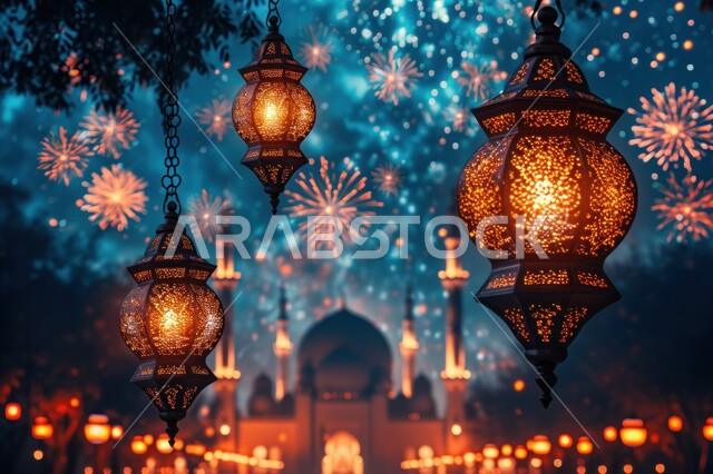 العادات والتقاليد العربية في زينة الأعياد والمناسبات الدينية,  فوانيس وتحف تقليدية للاحتفال بقدوم شهر رمضان المبارك، أجواء رمضانية وروحانية إسلامية، فانوس عربي معدني مزخرف مضيء, خلفية مسجد