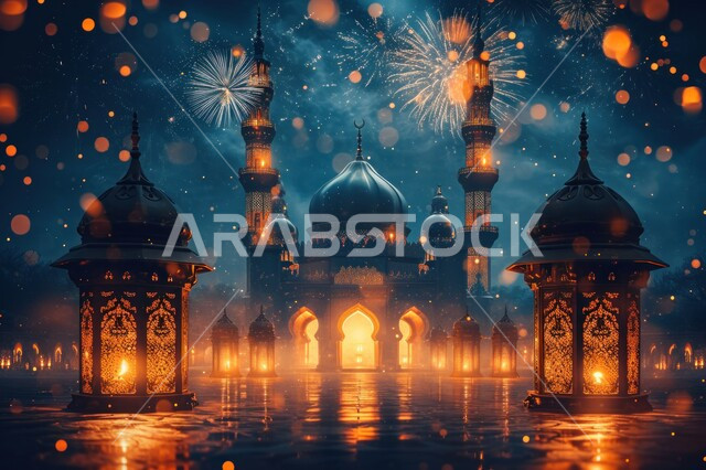 الفوانيس المعدنية المزخرفة المضيئة, العادات والتقاليد العربية في زينة الأعياد والمناسبات الدينية, فوانيس وتحف تقليدية للاحتفال بقدوم شهر رمضان المبارك، أجواء رمضانية وروحانية إسلامية, خلفية مسجد