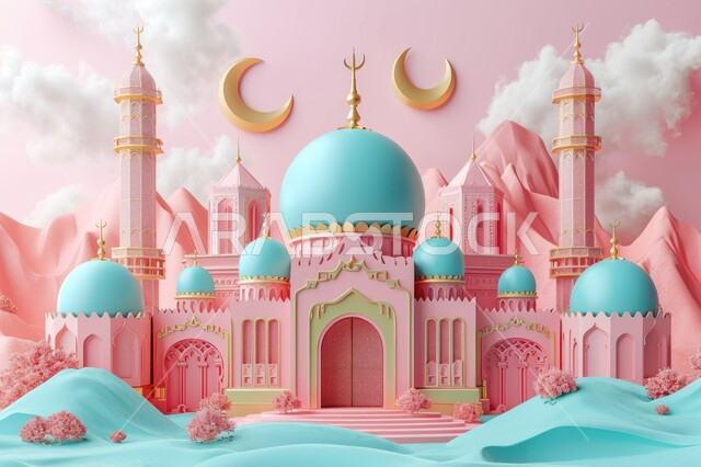 Contemporary designs in the modern and advanced style of building mosques in the Kingdom of Saudi Arabia, a three-dimensional model of a mosque building in pink and blue colors, Islamic matters and worship
