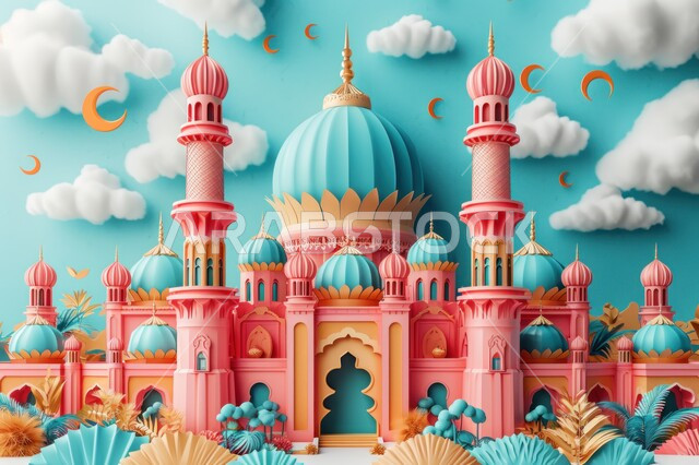 الهلال والزخارف الاسلامية, التصاميم العصرية على الطراز الحديث والمتطور لبناء المساجد في المملكة العربية السعودية, مجسم ثلاثي الابعاد لمبنى مسجد باللون الوردي, اسلاميات وعبادة