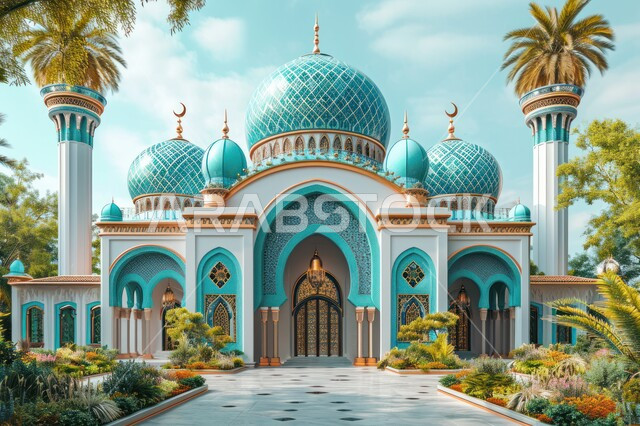 الزخارف الاسلامية الراقية, التصاميم العصرية على الطراز الحديث والمتطور لبناء المساجد في المملكة العربية السعودية, مجسم ثلاثي الابعاد لمبنى مسجد باللون الأزرق, الأشجار والنباتات الخضراء الحيطة بالجامع, اسلاميات وعبادة