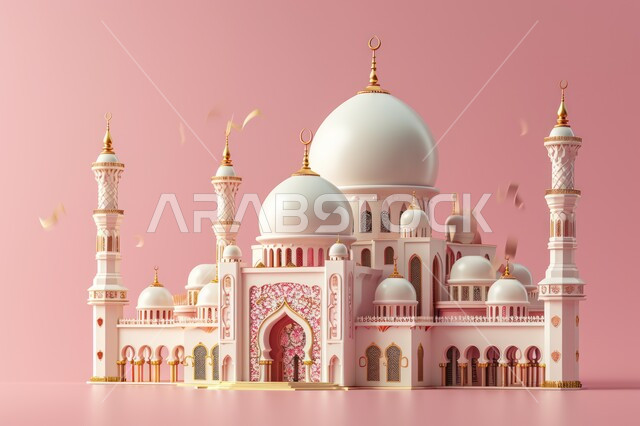 Modern designs in the modern and advanced style of building mosques in the Kingdom of Saudi Arabia, a three-dimensional model of a mosque building in pink, Islamic matters and worship, pink background