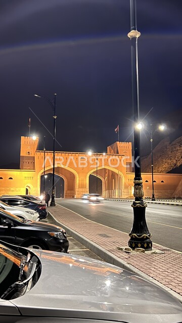 Al-Rustaq Gate in the South Batinah Governorate, illuminated at night in the Sultanate of Oman, historical landmarks and tourist areas, a famous tourist attraction, the Rustaq Aqaba Road dualization project