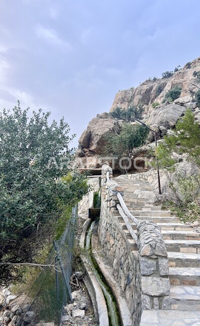 Sultanate of Oman tourist attractions, enjoying the natural scenery during the day, tourist areas and spending a good time, a close-up image of a stone staircase in the middle of the mountains, trees and green plants on the mountain peaks and heights, nature background