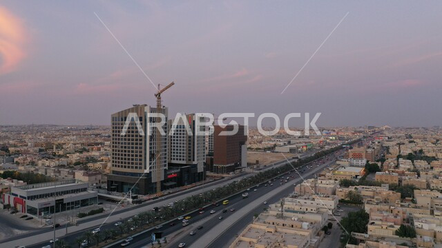 Towers and skyscrapers in Saudi Arabia, work on developing modern engineering buildings, advanced arts and architectural designs for the streets of Riyadh, famous places and landmarks, traffic in the Kingdom of Saudi Arabia