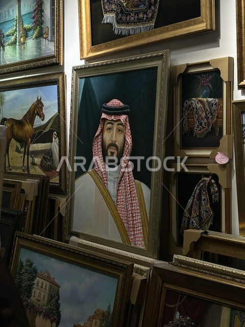 رسمة فنية لصاحب السمو الملكي الأمير محمد بن سلمان بإطار ذهبي، محلات ومتاجر بيع اللوحات والرسومات الزيتية في المملكة العربية السعودية، الفخر والاعتزاز بولي العهد 
