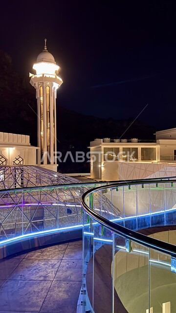 A call to Muslims to pray, worship, and draw closer to God, architectural engineering art in the Islamic style, performance of religious duties, a mosque minaret in the Ain Al-Kasfah development project in the Rustaq state in the Sultanate of Oman, recreational and tourist facilities in the South Al Batinah Governorate, sulfur water for treatment of diseases.