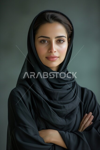 الاعتناء بالمظهر الخارجي والاهتمام بالأناقة، التقاط صور شخصية للوثائق الرسمية، النظر الى الكاميرا بتعابير الأنوثة والنعومة، بورتريه مقرب لإمرأة عربية خليجية سعودية مبتسمة ترتدي الحجاب والعباءة السوداء تقف بأيدي متقاطعة بايماءات الثقة بالنفس، خلفية رمادية