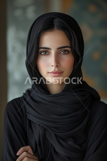 الوقوف بأيدي متقاطعة وايماءات الثقة بالنفس، التقاط صور شخصية للوثائق الرسمية، صورة مقربة لإمرأة عربية خليجية سعودية مبتسمة ترتدي الحجاب والعباءة السوداء تنظر الى الكاميرا بتعابير الأنوثة والنعومة، الاعتناء بالمظهر الخارجي والاهتمام بالأناقة، خلفية ضبابية