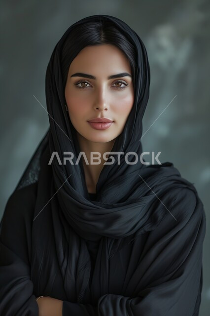 الوقوف بأيدي متقاطعة وايماءات الثقة بالنفس، التقاط صور شخصية للوثائق الرسمية، صورة مقربة لإمرأة عربية خليجية سعودية مبتسمة ترتدي الحجاب والعباءة السوداء تنظر الى الكاميرا بتعابير الأنوثة والنعومة، الاعتناء بالمظهر الخارجي والاهتمام بالأناقة، خلفية ضبابية