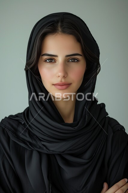 النظر الى الكاميرا بتعابير الأنوثة والنعومة، بورتريه مقرب لإمرأة عربية خليجية سعودية مبتسمة ترتدي الحجاب والعباءة السوداء تقف بأيدي متقاطعة بايماءات الثقة بالنفس، الاهتمام بالأناقة والاعتناء بالمظهر الخارجي، التقاط صور شخصية للوثائق الرسمية، خلفية رمادية