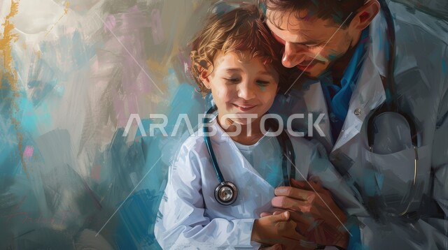 اختيار المهنة منذ الصغر، رسوم توضيحية لطبيب عربي خليجي سعودي يرتدي المعطف الطبي وسماعة الفحص يقوم بمعانقة ولد بحب وحنان، مشاعر التقدير والعطف، تقديم الرعاية الطبية والصحية في السعودية