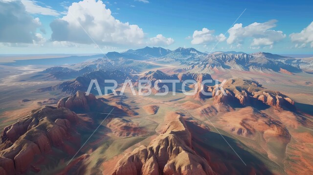 View of white clouds in the blue sky, desert areas in the Kingdom of Saudi Arabia, mountain peaks and heights, natural rock formations and formations