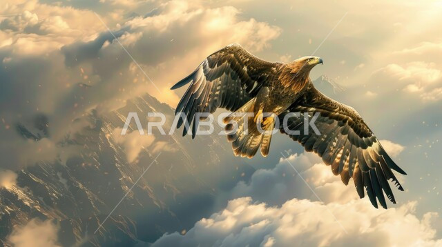 الاهتمام والعناية بالطيور، حدة بصر الطيور الجارحة، صورة مقربة لتحليق طائر النسر العربي في السماء بين الغيوم، الحياة البرية في المملكة العربية السعودية